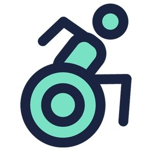 What is the symbol of a wheelchair outline in black and filled with light green colours leaning forward