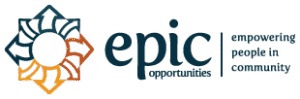 The name, epic and big, dark blue letters and smaller letters the word opportunities with your symbol on the left side against the white background