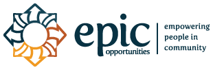 The name, epic and big, dark blue letters and smaller letters the word opportunities with your symbol on the left side against the white background
