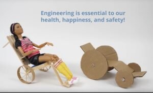 Cardboard, cut outs of wheelchairs with a toy doll, sitting in one of the wheelchairs