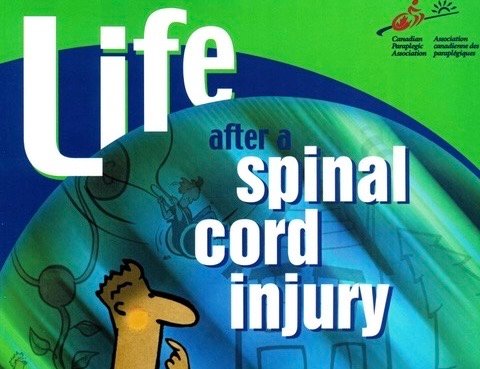 Blue and green background for the words life after spinal cord injury with a man looking on conjuring, pondering