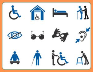 A variety of disability symbols against a white background with an orange border
