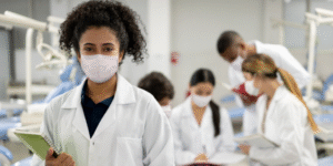 Female doctor in a white coat is on the left and there are some other nurses and aids in the background also Justin White
