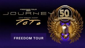 Promotional graphic for the 2024 Freedom Tour featuring the band Journey and their special guest Toto. It highlights Journey's 50th anniversary with a golden emblem of a lion and the text 'Freedom Tour'.