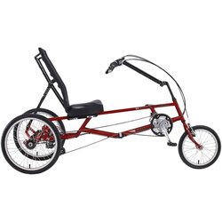 Three wheel recumbent Red cycle is set sideways with one wheel in the front