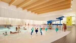 An illustration of a group of children playing in a pool with their parents and siblings.