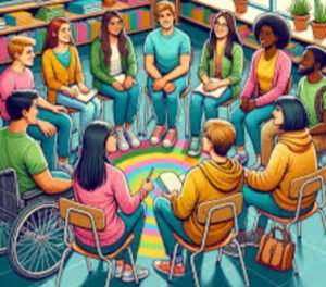 There is a circle of about 10 people and a wheelchair user is one of them sitting around sharing table wearing colourful clothing