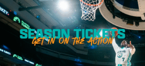 A picture of a Winnipeg sea Bears basketball player going up to put the ball into the basket with the lights of the arena in the background and the words get your season tickets get in on the action