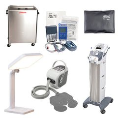 Shows of variety of medical equipment and testing and monitoring for rehabilitation against the white background