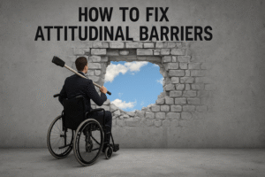 A man is sitting in his wheelchair with a sledgehammer over her shoulder, ever having broken a hole through a cement wall with the words how to fix attitude, no barriers
