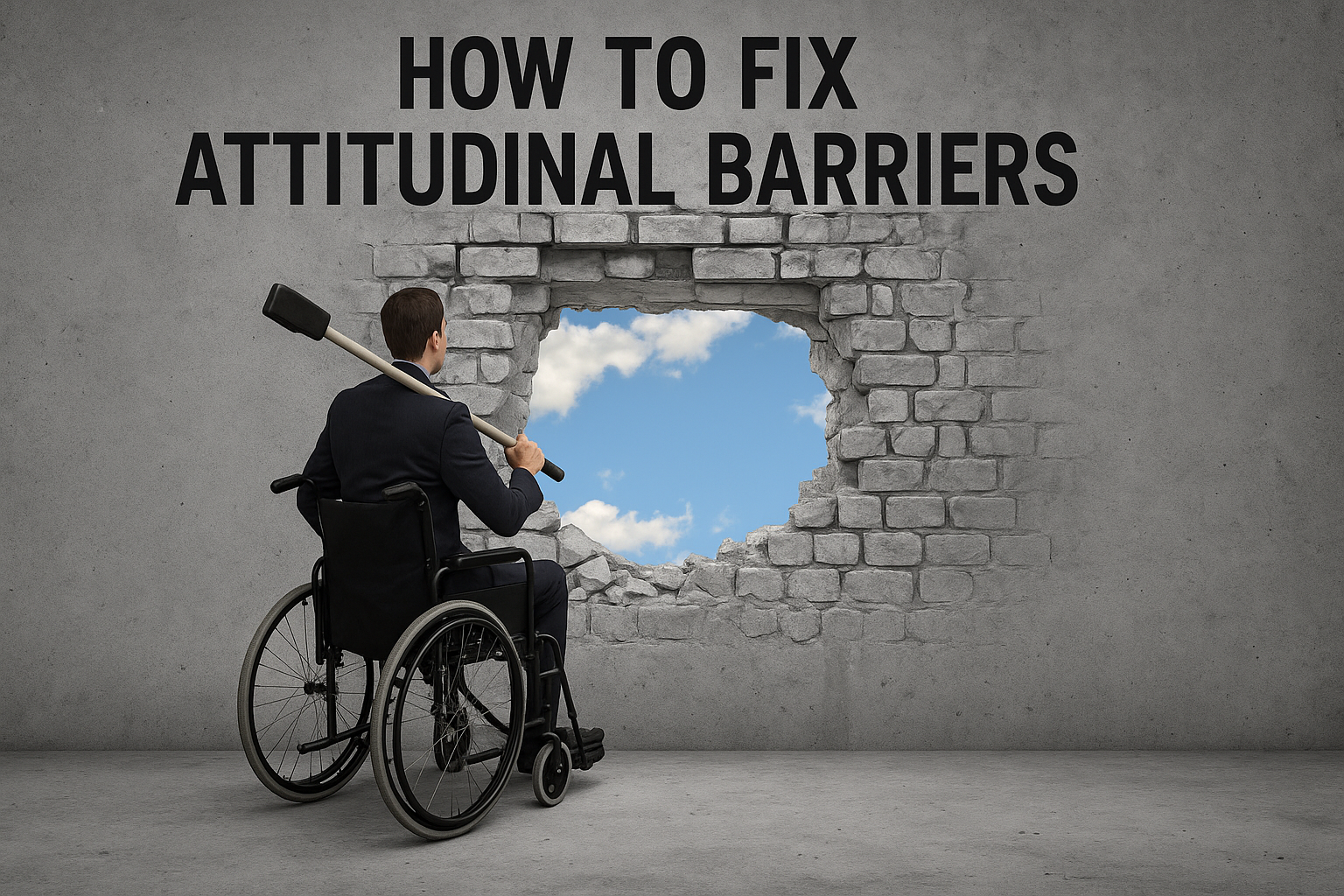 A man is sitting in his wheelchair with a sledgehammer over her shoulder, ever having broken a hole through a cement wall with the words how to fix attitude, no barriers